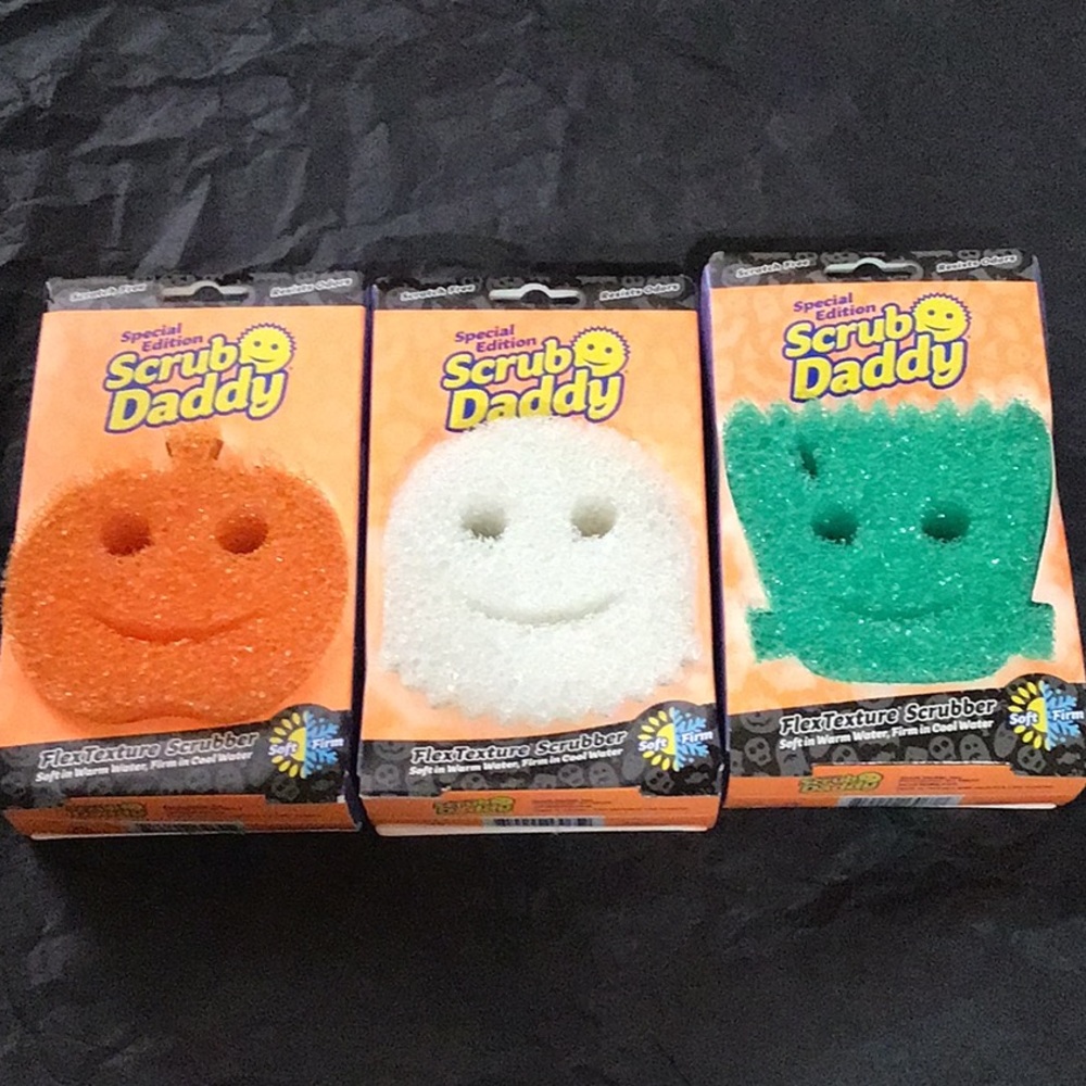 Halloween Scrub Daddy sponges, pumpkin, ghost, Frankenstein shaped. New.